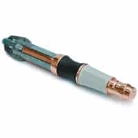 A metallic, cylindrical device with a mix of silver, bronze, and black sections, featuring a glowing blue tip. The object resembles a futuristic tool or gadget, commonly recognised as the Sonic Screwdriver from Doctor Who.