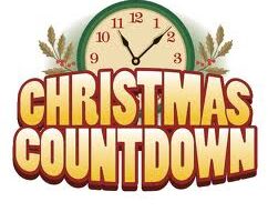A clock showing almost midnight is decorated with holly leaves and berries. Bold, yellow and red letters below the clock read "CHRISTMAS COUNTDOWN." The festive design suggests anticipation for Christmas.