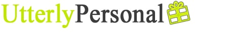 The image shows the words "Utterly Personal" in two fonts: "Utterly" is in light green, whilst "Personal" is in black. At the end, there is a light green gift box icon with a bow, symbolising personalised gifts. The background is white.