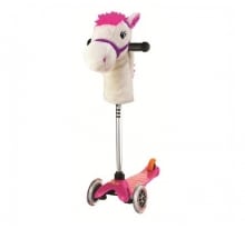 A pink and white children’s scooter with three wheels and a plush horse’s head attached to the handlebars. The horse has a pink mane, ears, and nose, with a white face and purple bridle. The scooter deck is pink with an orange brake at the back.