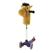 A three-wheeled purple scooter with a silver handlebar, topped with a plush horse’s head. The horse’s head is brown with a black mane and friendly expression, covering the handlebars like a puppet. The scooter has two front wheels and one rear wheel.