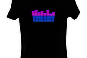 A black T-shirt featuring a colourful equaliser graphic on the chest. The equaliser bars are arranged in varying heights, with the bottom bars in blue, transitioning to pink at the top, resembling a digital sound level display.