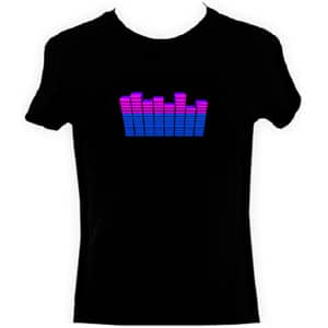 A black T-shirt featuring a colourful equaliser graphic on the chest. The equaliser bars are arranged in varying heights, with the bottom bars in blue, transitioning to pink at the top, resembling a digital sound level display.