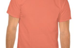 A person is wearing a plain coral-coloured short-sleeve T-shirt. The image is cropped at the neck and upper thighs, focussing on the torso. The shirt has no visible logos or designs, and the person’s arms are relaxed at their sides.