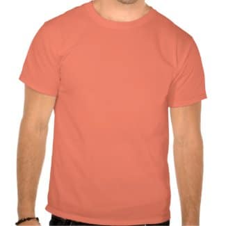 A person is wearing a plain coral-coloured short-sleeve T-shirt. The image is cropped at the neck and upper thighs, focussing on the torso. The shirt has no visible logos or designs, and the person’s arms are relaxed at their sides.