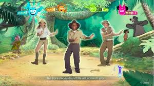 Three animated people in explorer outfits dance in a colourful jungle with cartoon animals, including Baloo the bear and Mowgli from The Jungle Book, in the background. Onscreen graphics and scores suggest it’s from a dance video game.