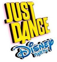 The image shows the logo for "Just Dance: Disney Party." The words "JUST DANCE" appear in large, bold, yellow letters with a shadow effect above the Disney logo, which is written in blue script with "PARTY" in white uppercase letters below it.