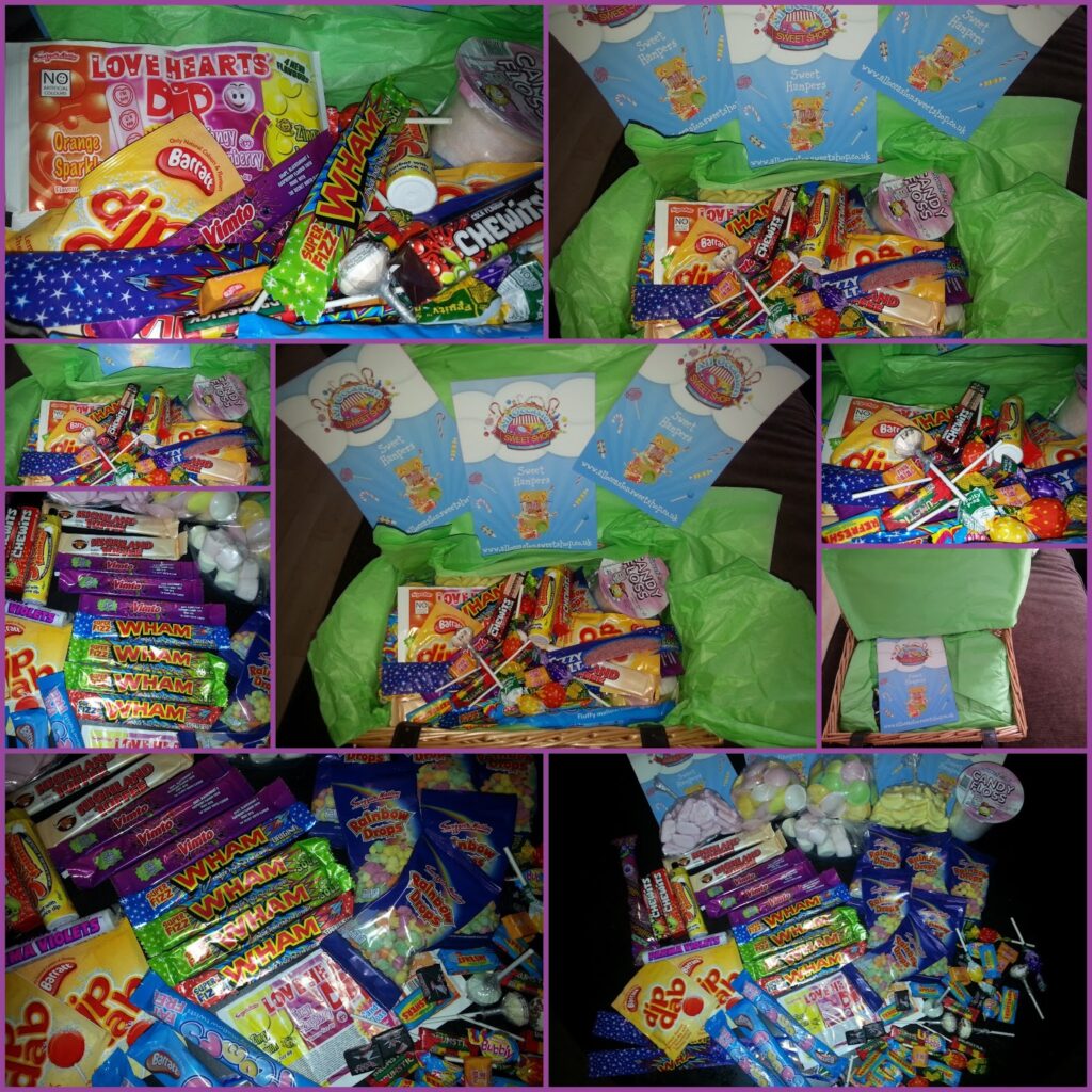 A collage of seven photos shows assorted colourful retro sweets, including Love Hearts, Refreshers, Vimto bars, Rainbow Drops, and Chewits, spread out in open boxes lined with green tissue paper, with blue cards placed inside each box.