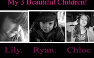 A collage of three black-and-white photos labelled "Lily," "Ryan," and "Chloe," with the title "My 3 Beautiful Children!" at the top in pink text. Each child faces the camera, with Chloe giving a thumbs-up and wearing a hat.