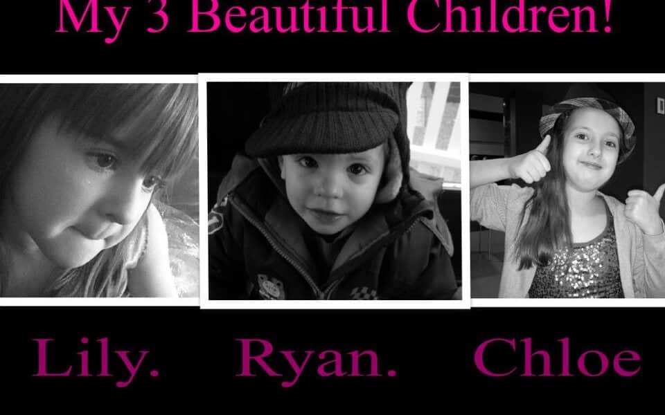 A collage of three black-and-white photos labelled "Lily," "Ryan," and "Chloe," with the title "My 3 Beautiful Children!" at the top in pink text. Each child faces the camera, with Chloe giving a thumbs-up and wearing a hat.
