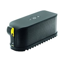 A black portable Bluetooth speaker with a perforated front grille, top control buttons, and a yellow accent on the left side. The base has a textured, zigzag pattern for stability. The design is modern and compact.