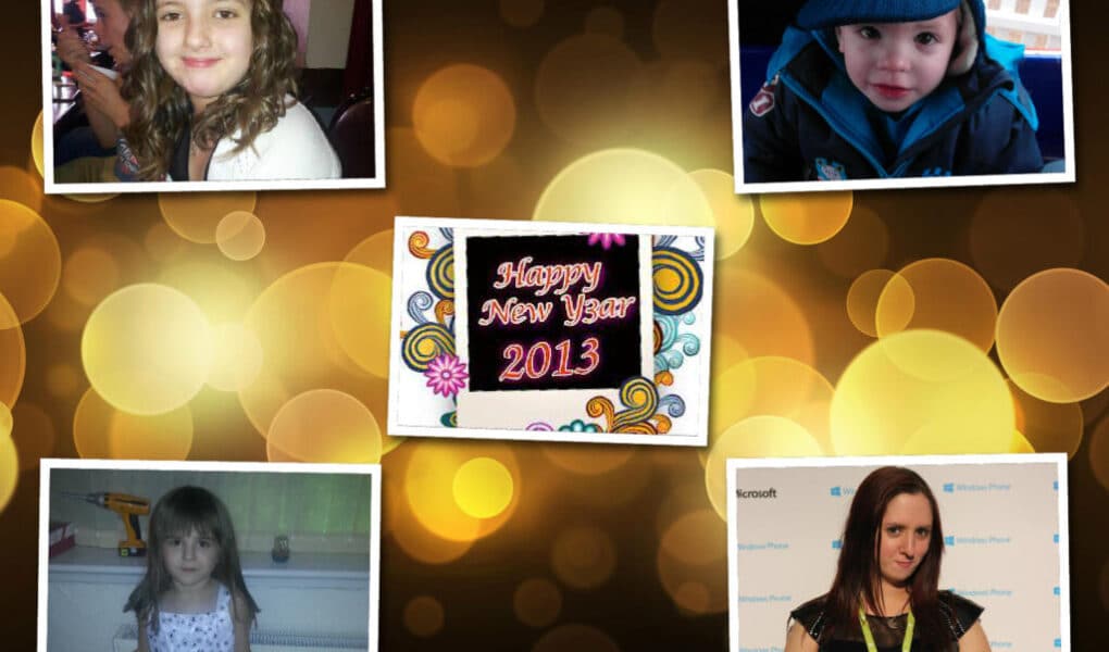 A collage with a “Happy New Year 2013” sign in the centre, surrounded by four photos: top left, a smiling girl; top right, a young child in a blue jacket and hat; bottom left, a girl in a white and blue dress; bottom right, a woman with brown hair and a yellow lanyard.