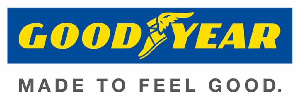 Goodyear logo with bold yellow “GOODYEAR” text on a blue background; the “Y” is stylised as a winged foot. Below, grey text reads “MADE TO FEEL GOOD.” on a white background.