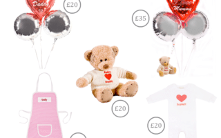 A selection of personalised gifts: two heart-shaped balloons for Daddy (£20), three heart-shaped balloons for Mummy (£35), a teddy bear with "I love Daddy" jumper (£20), small bear (£6), pink striped apron with "Emily" (£14), and white baby outfit with "Scarlett" (£20).
