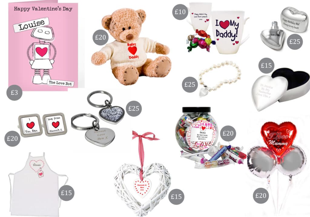 A collage of Valentine’s Day gifts with prices: a pink card (£3), teddy bear (£20), mug (£10), silver heart box (£25), bracelet (£12), keyring (£15), cufflinks (£20), heart locket (£25), apron (£15), woven heart decoration (£15), sweet jar (£25), red heart balloon (£15), and heart balloon pair (£20).