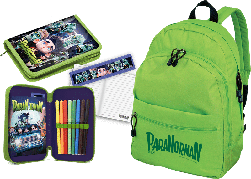 A lime green ParaNorman rucksack, a matching pencil case with coloured markers and pens, a zippered notebook featuring ParaNorman characters, and a notepad decorated with the same characters, all on a light background.