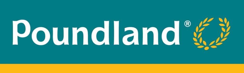 Poundland logo with "Poundland" in large white letters on a teal background. A yellow laurel wreath is on the right side. A thin yellow horizontal stripe runs along the bottom edge.