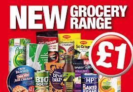 A variety of grocery items are displayed against a red background. Bold white text at the top reads "NEW GROCERY RANGE." A large red circle with white £1 text indicates each item costs one pound. Brands shown include Batchelors, HP, and Ocean Spray.