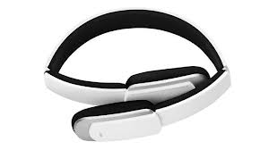 A pair of modern white over-ear headphones with a sleek, minimalist design. The headband and ear cushions are black, creating a contrasting look. The headphones are shown against a plain white background.