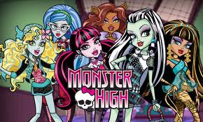 Six stylised, colourful Monster High characters pose confidently together in front of a blurred school corridor. The "Monster High" logo with a skull and pink bow is centred at the bottom. Each character displays unique, vibrant fashion and distinct monster-inspired features.