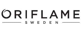 The image shows the Oriflame logo with "ORIFLAME" in bold, black uppercase letters. The letter "O" has a curved line inside it. "SWEDEN" is written below in smaller, spaced letters with horizontal lines on each side.