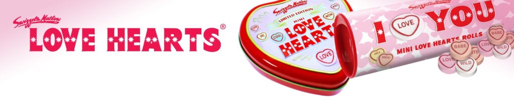 A colourful Love Hearts sweet tin and a roll of mini Love Hearts with pastel-coloured heart sweets scattered. The tin reads “Love Hearts” and the roll says “I LOVE YOU.” Both feature Swizzels branding and playful heart designs on a white background.