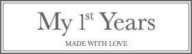 A rectangular logo with a thin double border features the text "My 1st Years" in large, elegant grey font. Below, in smaller uppercase letters, it says "MADE WITH LOVE." The design is simple and centred on a white background.