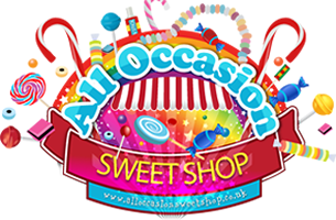 A colourful logo for "All Occasion Sweet Shop," featuring a red-and-white striped awning, candy canes, lollipops, and sweets. The text "All Occasion" is above "SWEET SHOP" on a red ribbon, with a rainbow and sparkling sweets in the background.
