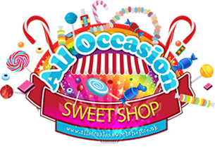 A colourful logo for "All Occasion Sweet Shop," featuring a red-and-white striped awning, candy canes, lollipops, and sweets. The text "All Occasion" is above "SWEET SHOP" on a red ribbon, with a rainbow and sparkling sweets in the background.