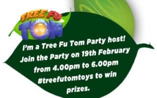 A green leaf graphic with the Tree Fu Tom logo at the top left. White text on the leaf reads: "I'm a Tree Fu Tom Party host! Join the Party on 19 February from 4.00pm to 6.00pm #treefutomtoys to win prizes." A second, faded leaf is in the background.