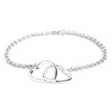 A delicate silver bracelet features a band of small round beads and a central charm of two interlocking open heart shapes, symbolising connection and love. The bracelet has a minimalist and elegant design on a white background.
