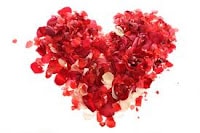 A heart shape made of scattered red and pink rose petals is arranged on a white background. The petals are densely packed to form the outline and fill of the heart, creating a romantic and vibrant appearance.