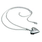 A delicate silver chain necklace with a shiny, heart-shaped locket pendant. The chain is thin with small links and features a lobster clasp fastening. The heart locket has a smooth, reflective surface and is positioned to the right of the image.