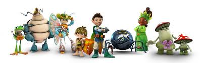 A group of colourful animated insect and animal characters, including a frog, armadillo, butterfly, small warrior, boy with acorn hat, large blue spider, girl in green, and two mushroom creatures, stand side by side against a white background.