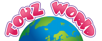 Logo with the words "Toyz World" in bold, pink, playful letters outlined in white, arched above an illustration of the Earth showing green continents and blue oceans against a light grey background.
