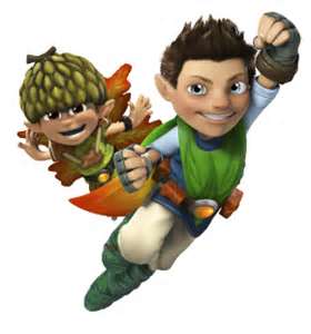 Two animated fairy characters flying. The one in front has short brown hair, blue eyes, a green shirt, and white trousers with green boots. The character behind has a leaf outfit, orange wings, and a green acorn-like hat, both smiling energetically.