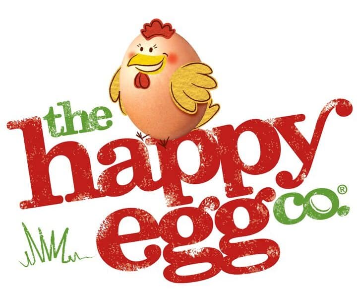 A cartoon chicken stands above bold, red text reading "happy egg" with green text "the" and "co." A tuft of green grass appears near "the." The chicken looks cheerful, with wings spread and a red comb. The design has a playful, hand-drawn style.