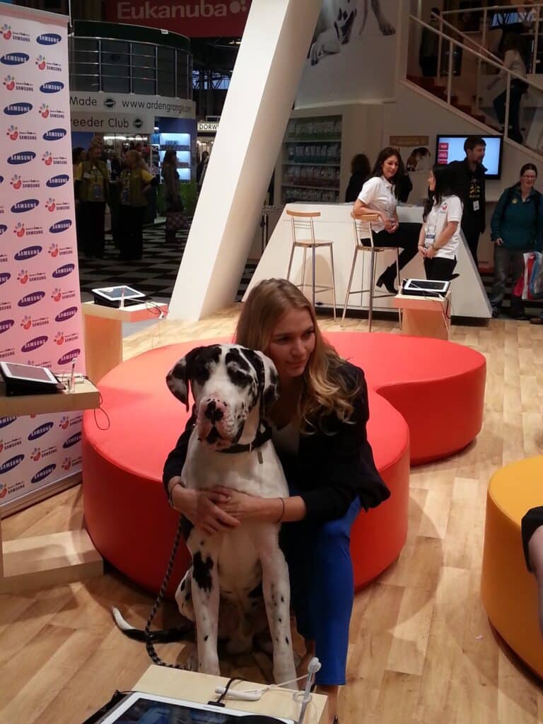A woman with long blonde hair kneels on a light wood floor, hugging a large black and white Great Dane. They are in a modern, bright expo stand with orange circular seating, tablets on tables, and people and promotional banners in the background.