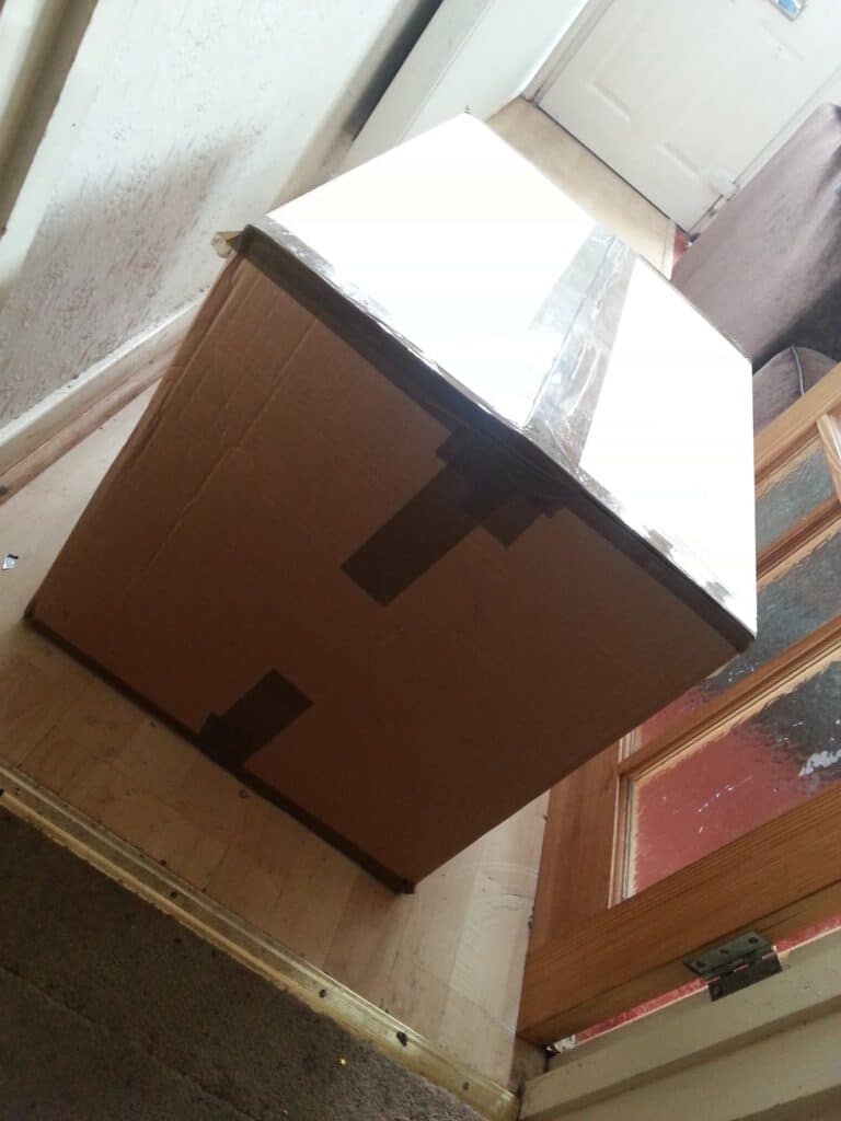 A large cardboard box, sealed with brown tape, sits on a wooden floor in a hallway near an open glass door. The box is positioned diagonally, blocking part of the walkway, with natural light coming from the background.