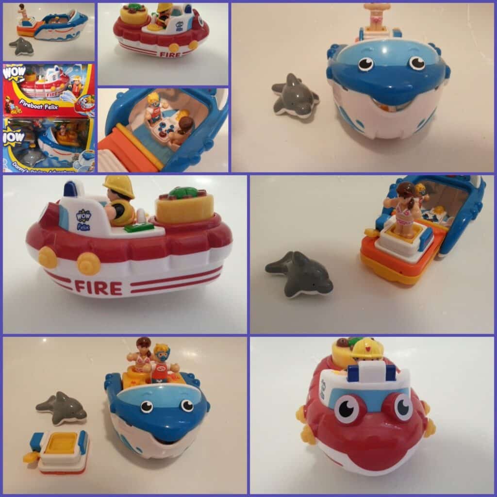 A collage showing a red fireboat toy with animal figures, a blue whale toy with a dolphin figure, and close-ups of the toys in and out of packaging, featuring playful scenes with animal passengers and rescue themes on a white background.