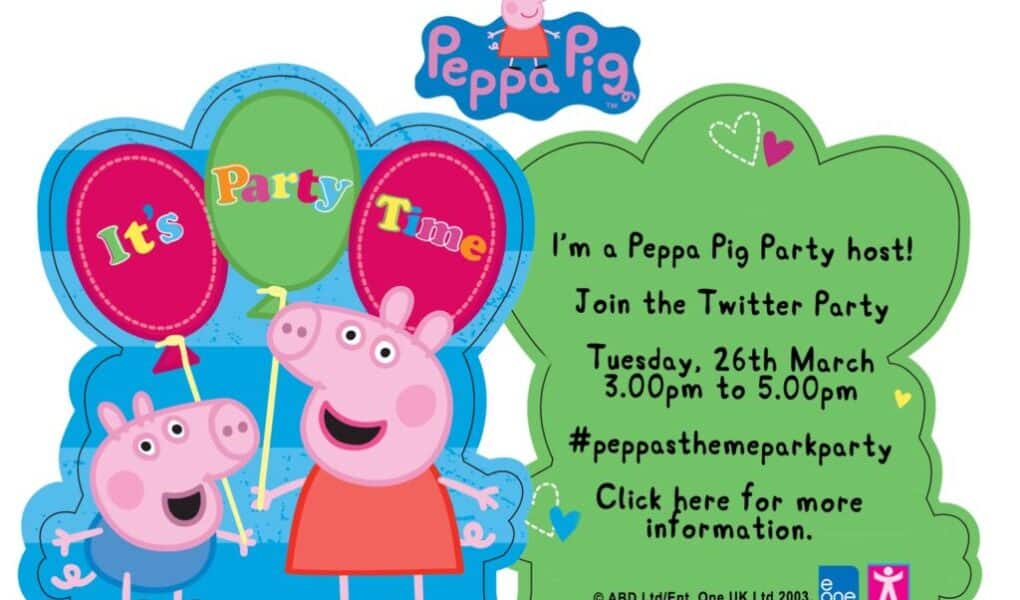Colourful Peppa Pig invitation with Peppa and George holding balloons labelled “It’s Party Time.” Text on the right invites to a Twitter party on Tuesday, 26th March, 3–5pm, with hashtag #peppasthemeparkparty and a note to click for more info.