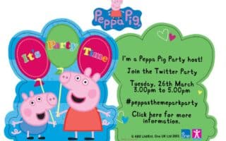 Colourful Peppa Pig invitation with Peppa and George holding balloons labelled “It’s Party Time.” Text on the right invites to a Twitter party on Tuesday, 26th March, 3–5pm, with hashtag #peppasthemeparkparty and a note to click for more info.