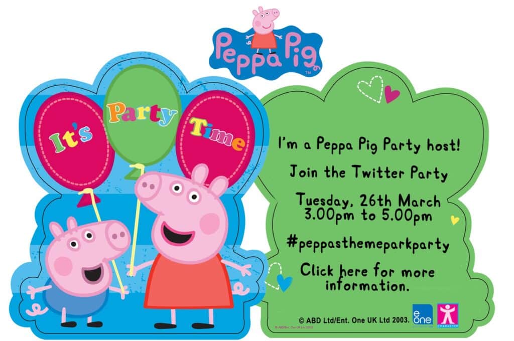Colourful Peppa Pig party invitation with Peppa and George holding balloons. Text: "It's Party Time." Right side details a Peppa Pig Twitter Party: Tuesday, 26th March, 3:00pm–5:00pm, #peppasthemeparkparty, with a website link for more information.