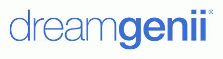 The image features the word "dreamgenii" in lowercase blue letters on a white background. The word is written in a modern, sans-serif font, with "dream" in light blue and "genii" in a darker blue. A small registered trade mark symbol appears above the last "i".