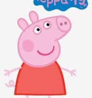 Peppa Pig, a pink cartoon pig with a round head, big black eyes, and a smiling mouth, stands upright wearing a red dress. The blue “Peppa Pig” logo is above her head. The background is plain white.
