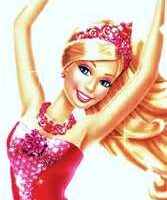 Animated blonde ballerina with long hair, wearing a sparkling pink tiara and necklace, smiles brightly. She poses gracefully in a glittery pink tutu, arms raised above her head in a ballet pose, against a white background.