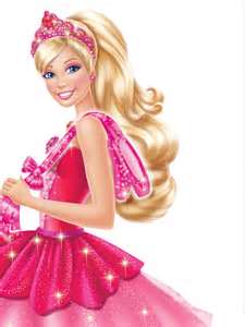 Illustration of a blonde-haired girl wearing a sparkling pink dress with ruffled layers, a pink tiara, and matching accessories. She is smiling, facing left, with a ribbon tied at her back, and her long hair styled in waves. The background is white.