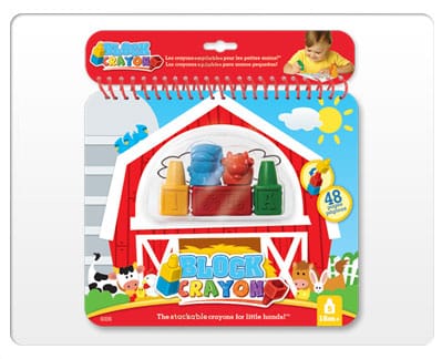 A pack of Block Crayons shaped like farm animals is displayed against a backdrop of a red barn illustration. The set includes four colourful, stackable crayons and is labelled for ages 18 months and up, with a total of 48 pages inside.