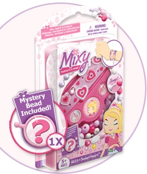The image shows a Mixy "Sweet Heart" bracelet kit in pink packaging, decorated with hearts and beads. A cartoon girl wearing the bracelet is shown on the box. A label reads “Mystery Bead Included!” with a pink question mark, and the kit is for ages 5+.
