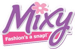 The Mixy logo features the word “Mixy” in bold, playful purple script with a pink flower dotting the “i”. Below, in a pink banner, white text reads “Fashion’s a snap!” The overall design is bright, fun, and youthful.